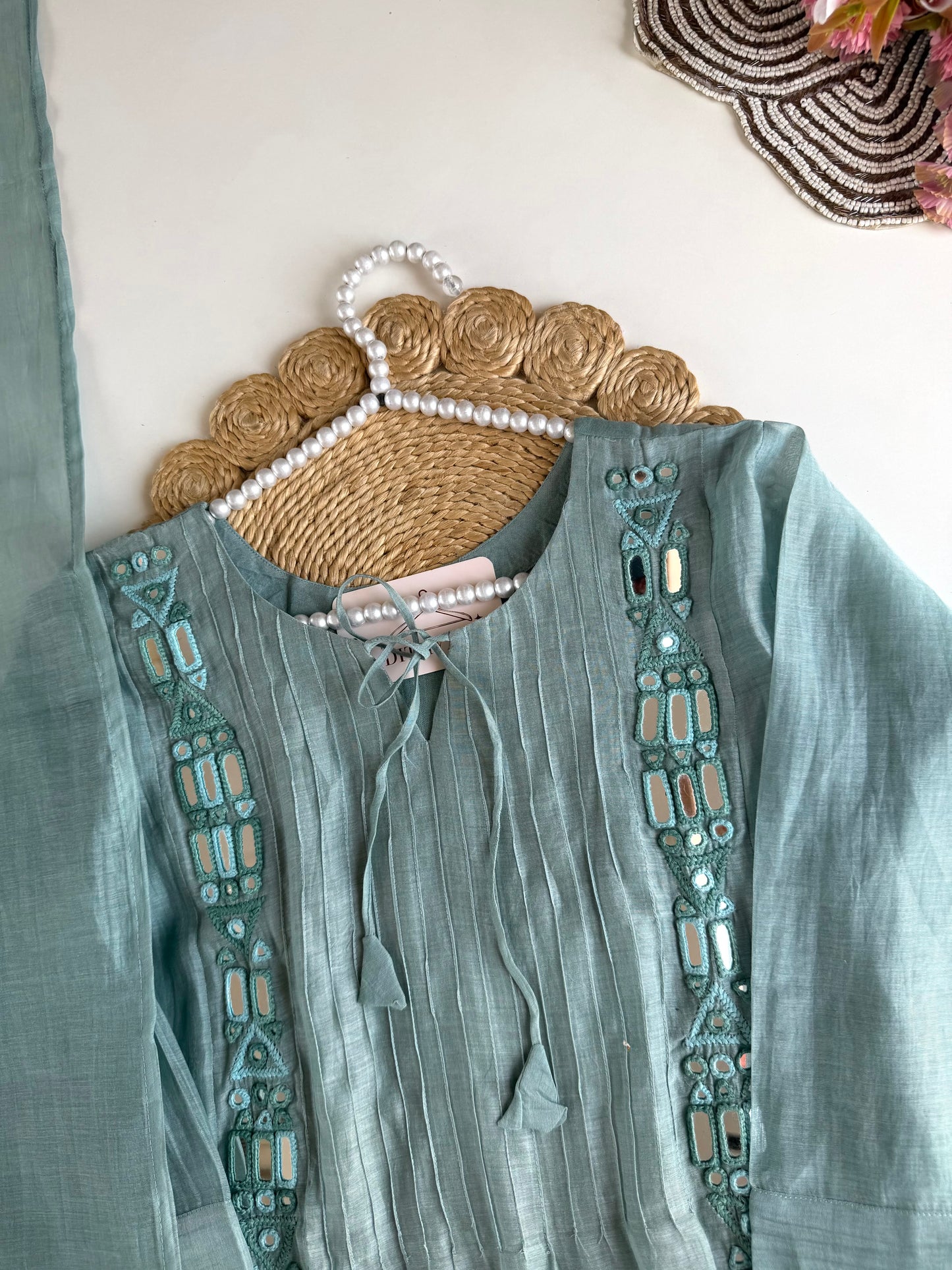 K350 - Mul chanderi mirror embroidered Aline Kurti with pants and dupatta