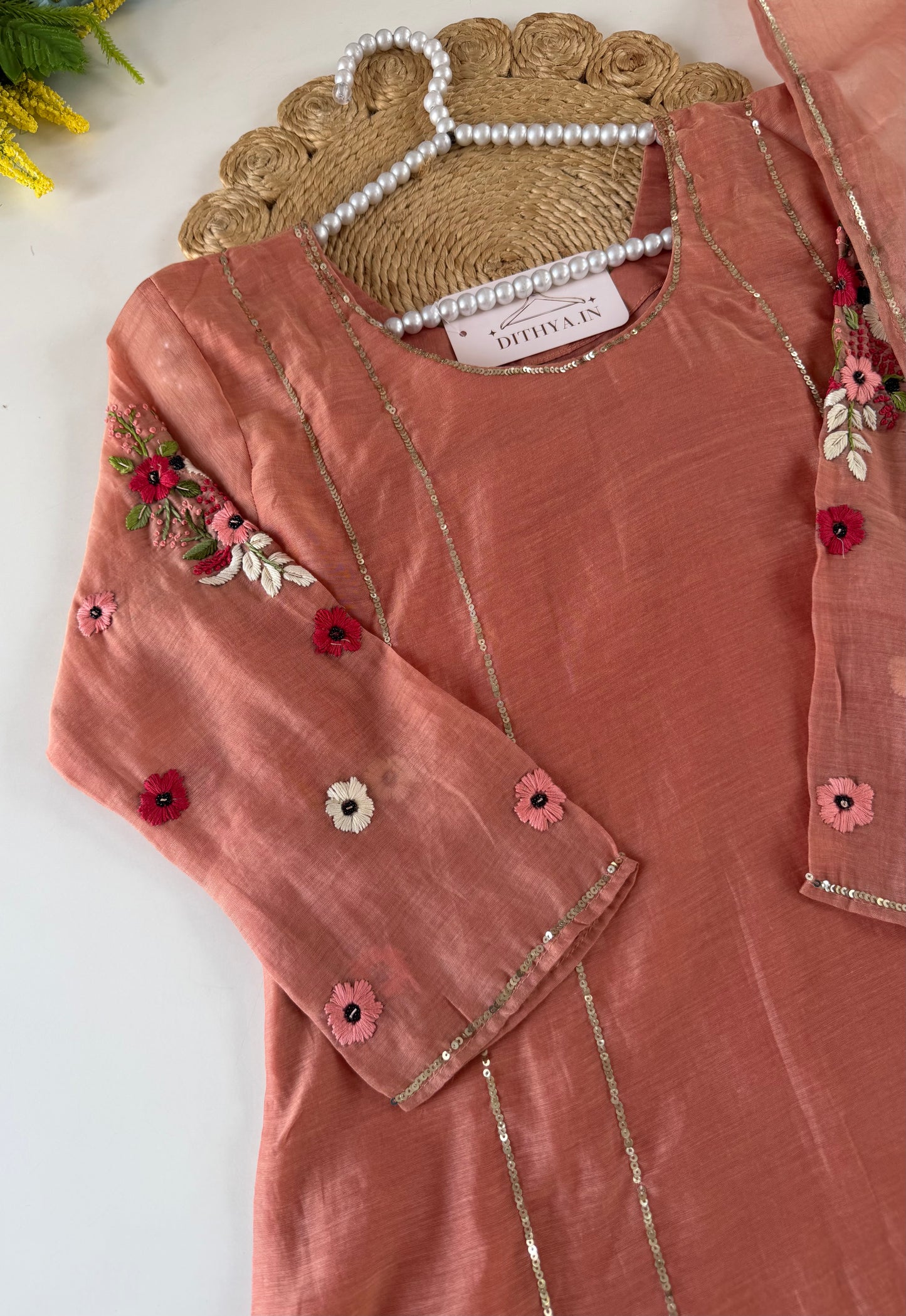 K089 - Mul chanderi handwork aline Kurti with pants and dupatta