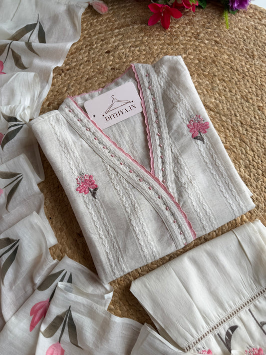 K119 - Linen cotton embroidered straight Kurti with pants and dupatta