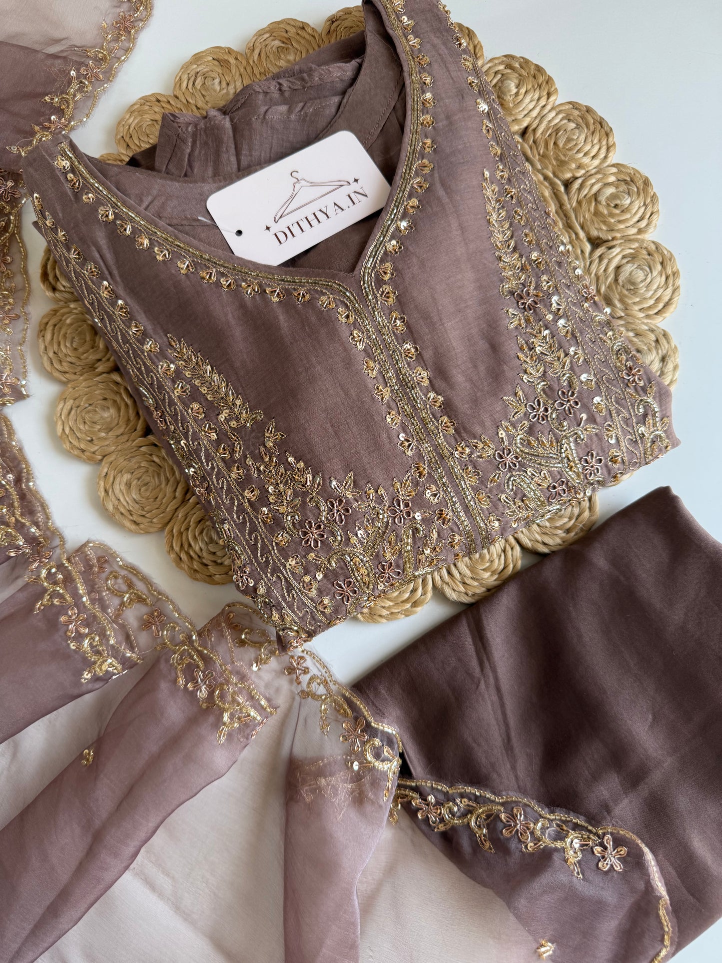 K120 - Mul chanderi handwork Aline Kurti with pants and dupatta