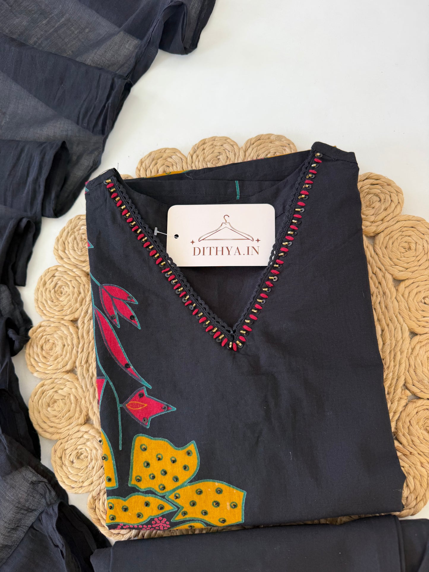 K415 - Mul cotton embroidered Aline Kurti with pants and dupatta