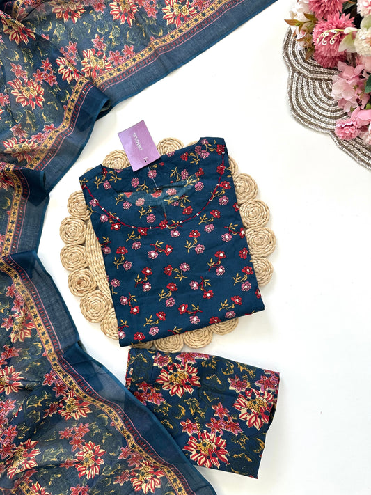 K216 - Cotton Straight kurti with pants and dupatta.