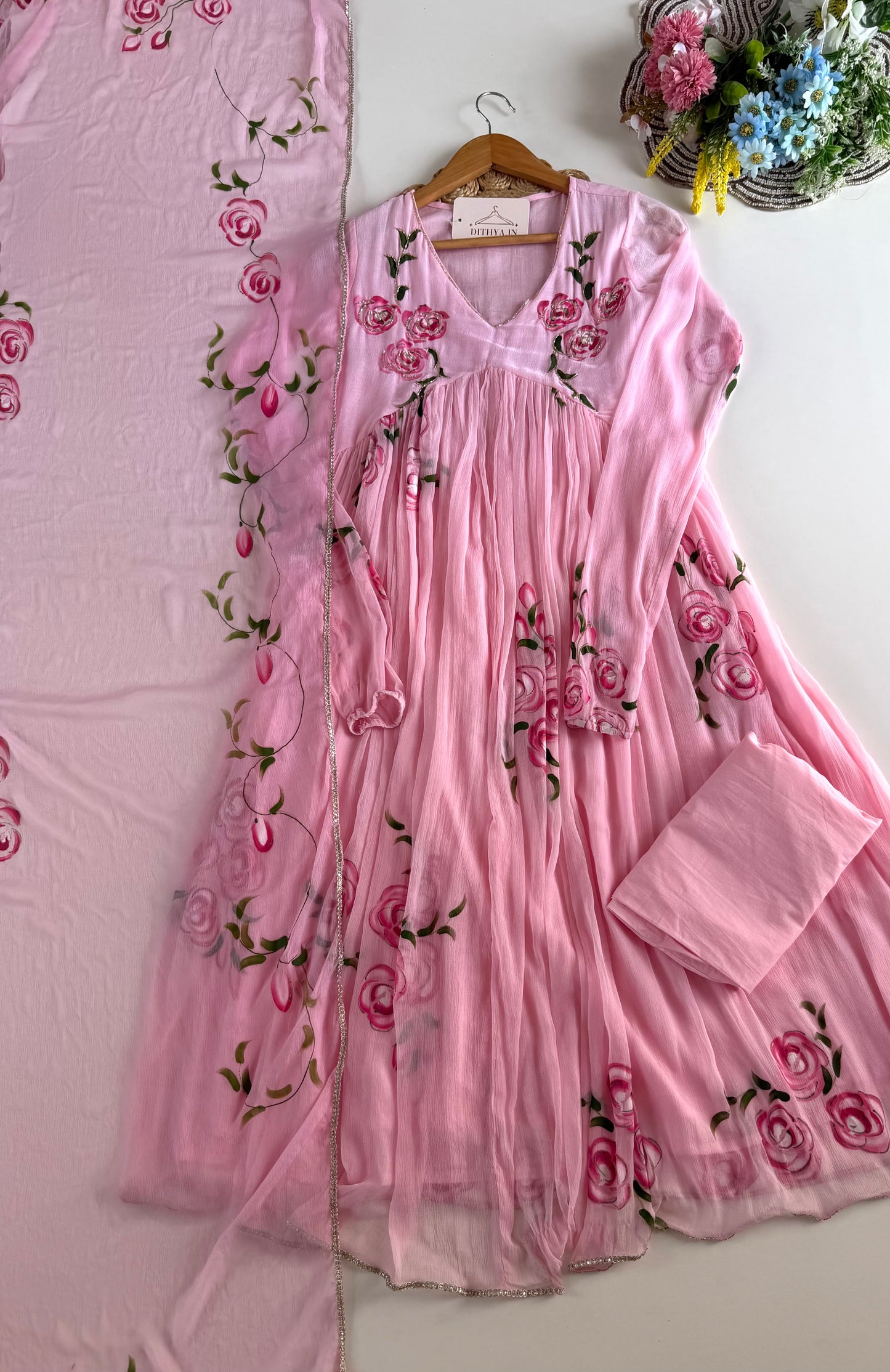 K428 - Pure Chinnon floral Anarkali with pants and dupatta