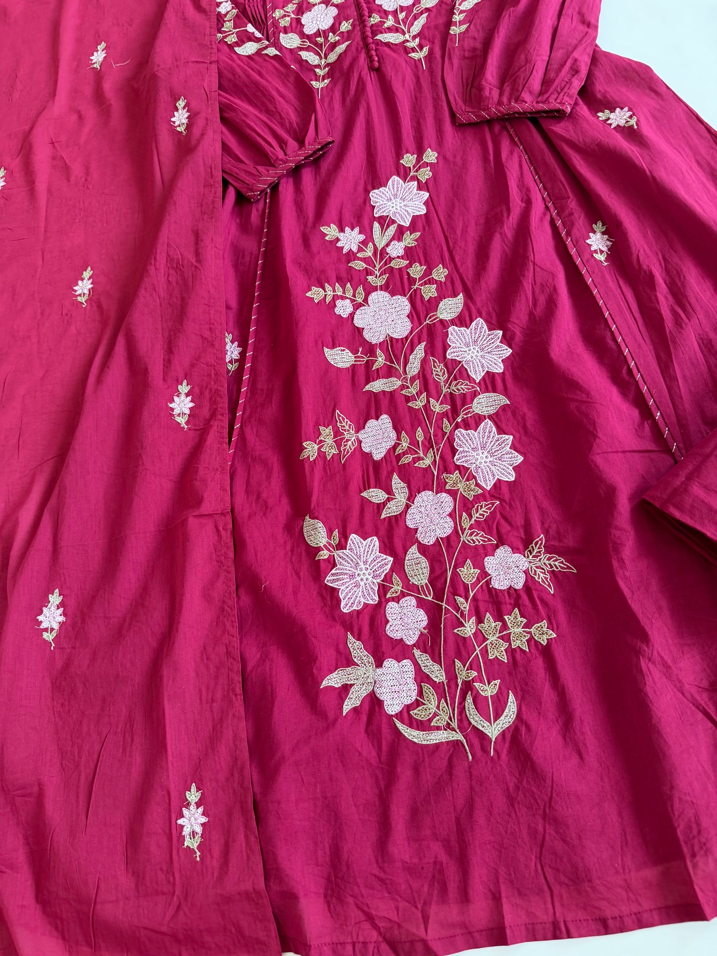 K355 - Mul cotton embroidered Anarkali with pants and dupatta