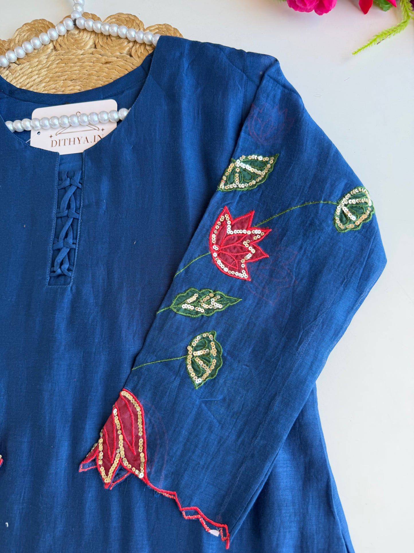 K193 - Mul chanderi handwork aline Kurti with pants and dupatta