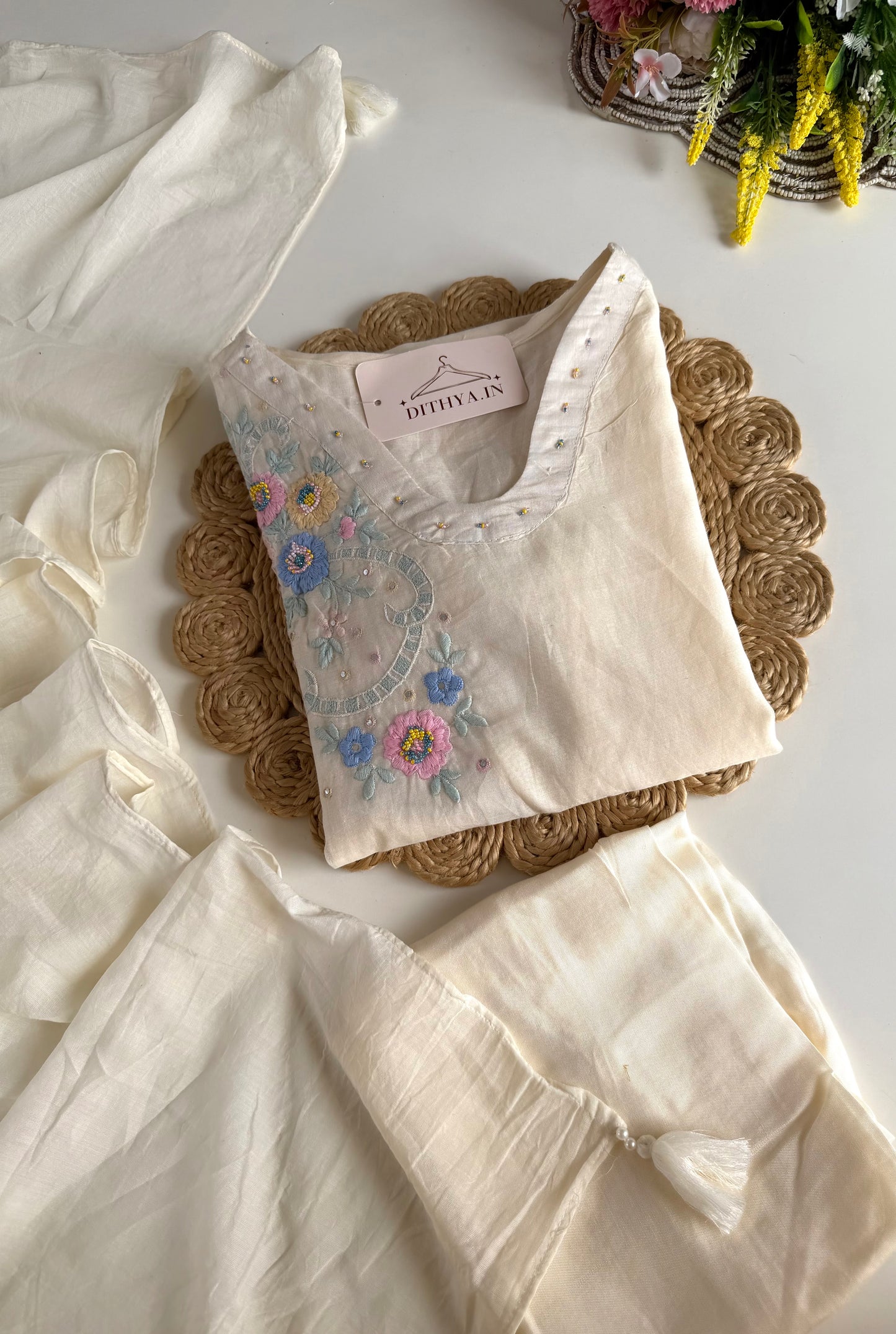 K682 - Mul cotton embroidered Aline Kurti with pants and dupatta