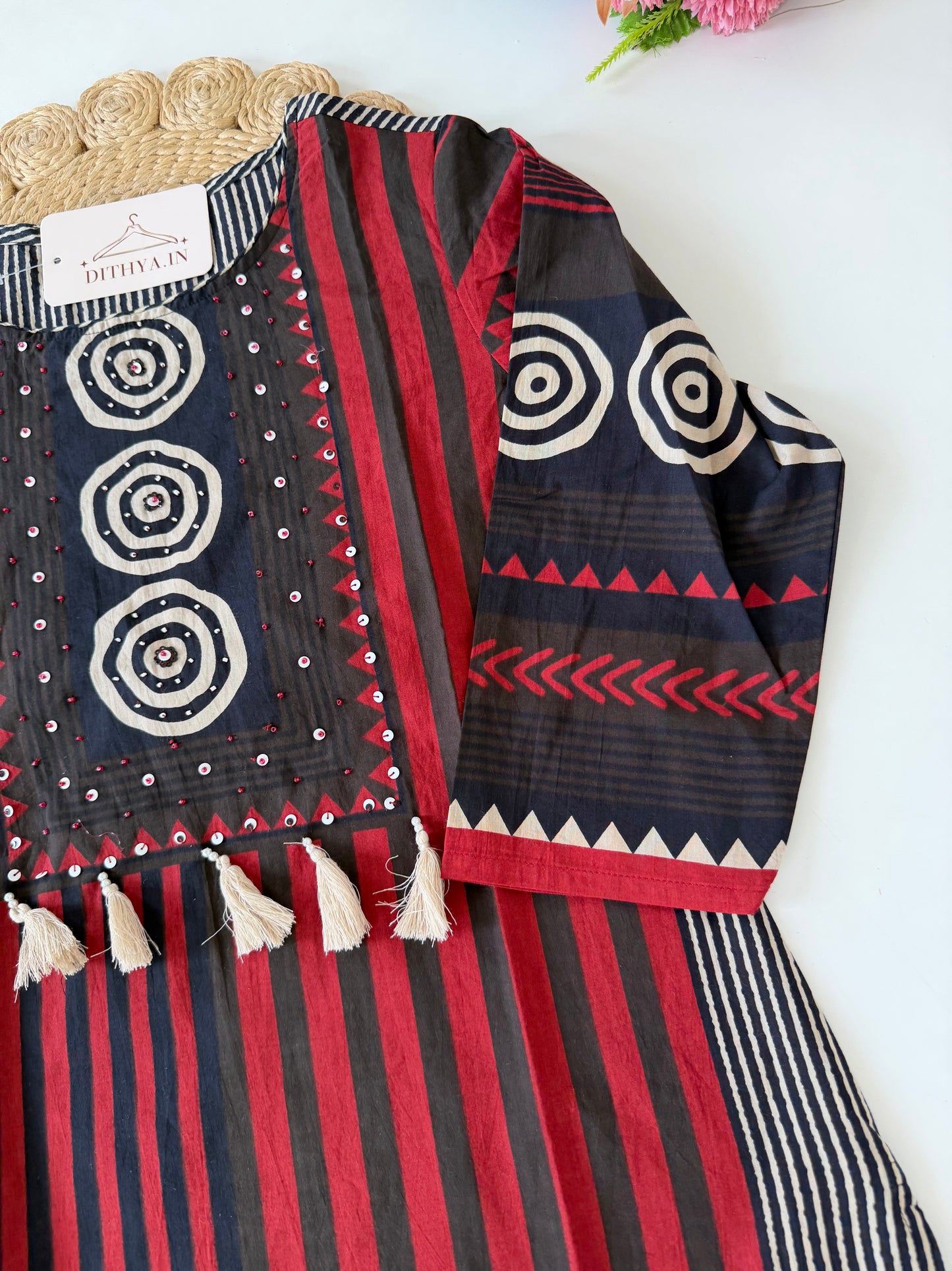 K032 - Mul cotton embroidered straight Kurti with pants and dupatta