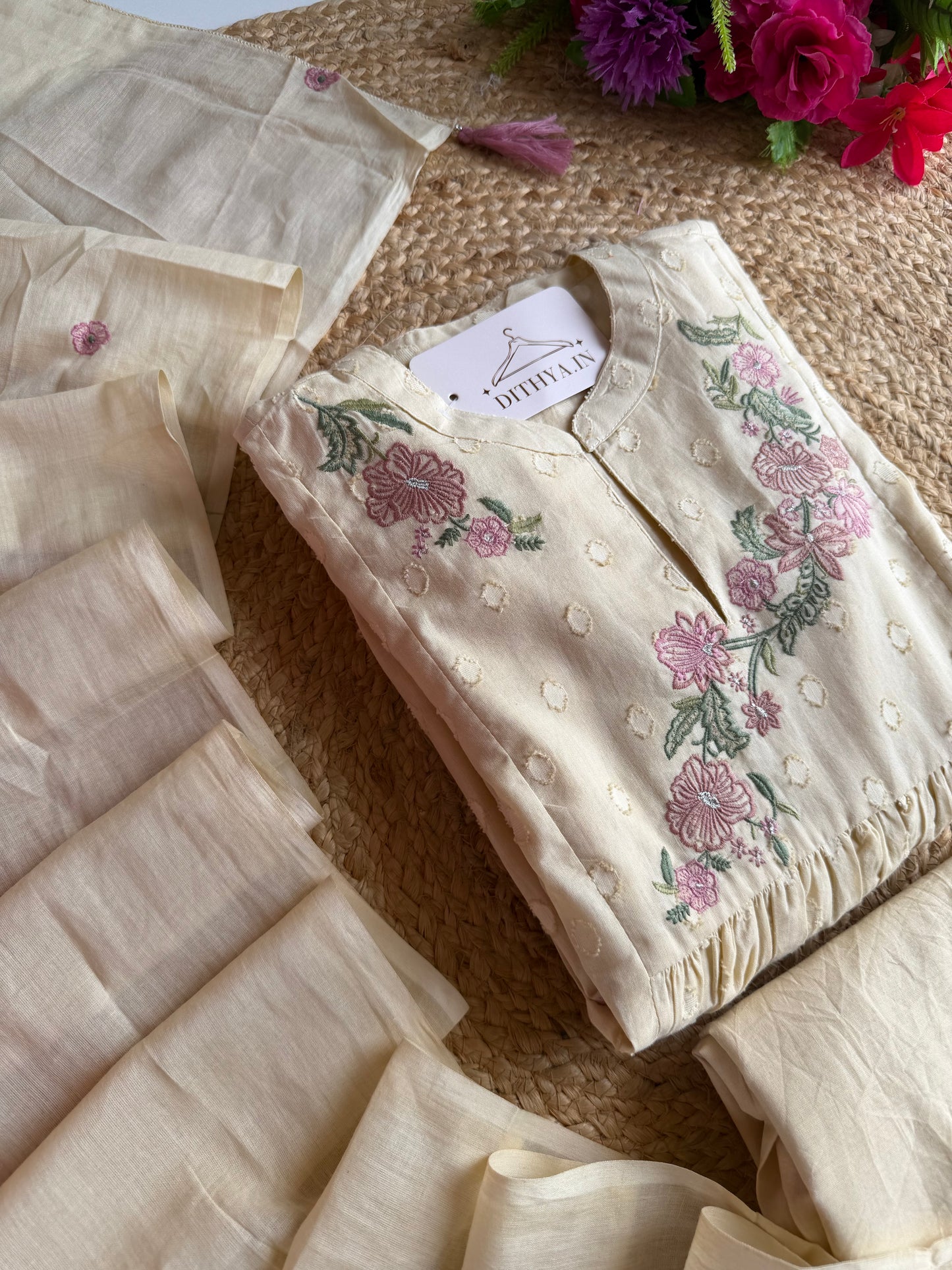 K296 - Mul cotton floral embroidered Anarkali with pants and dupatta