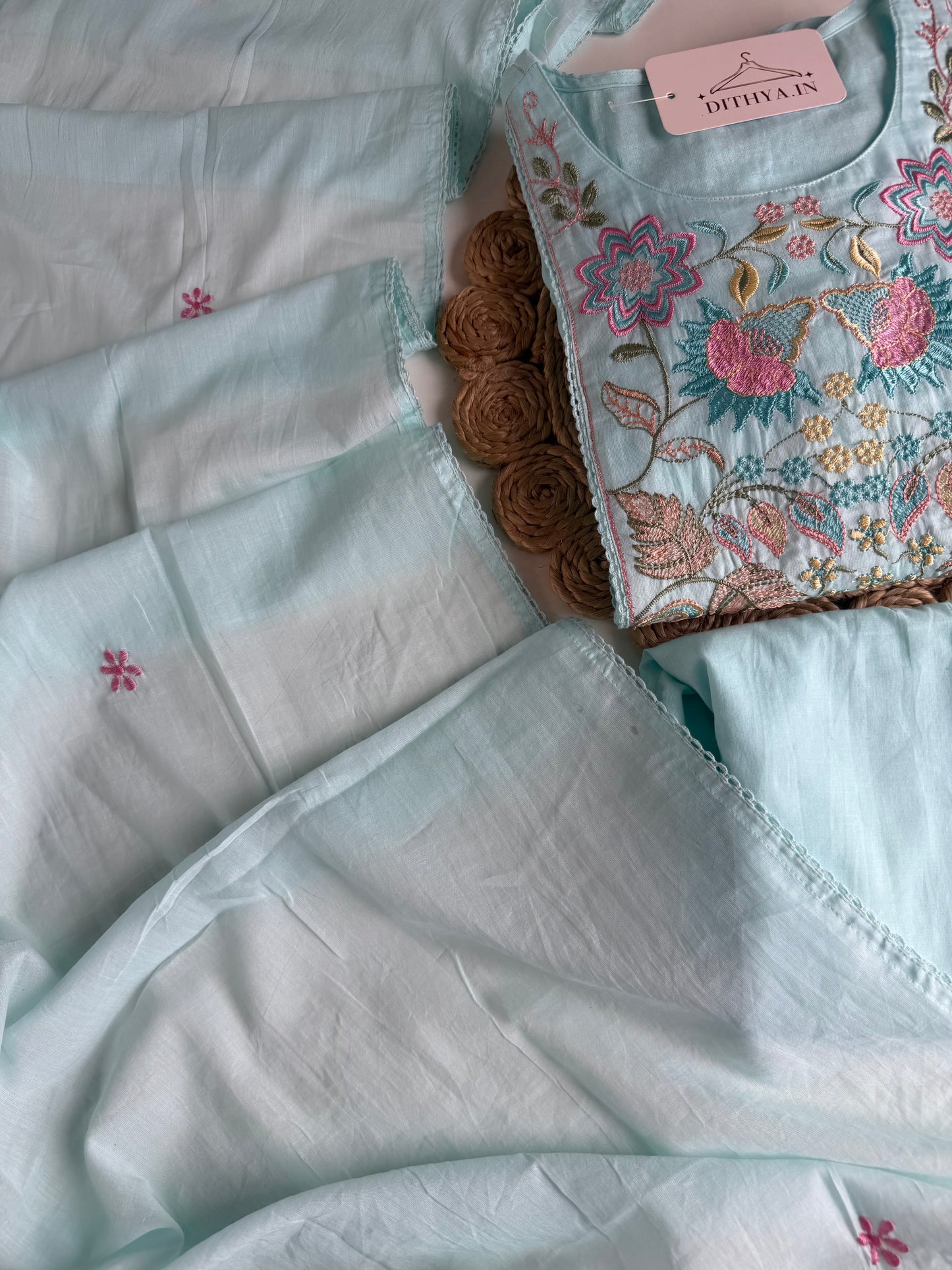 K215 - Mul cotton embroidered Anarkali with pants and dupatta in 2 colours