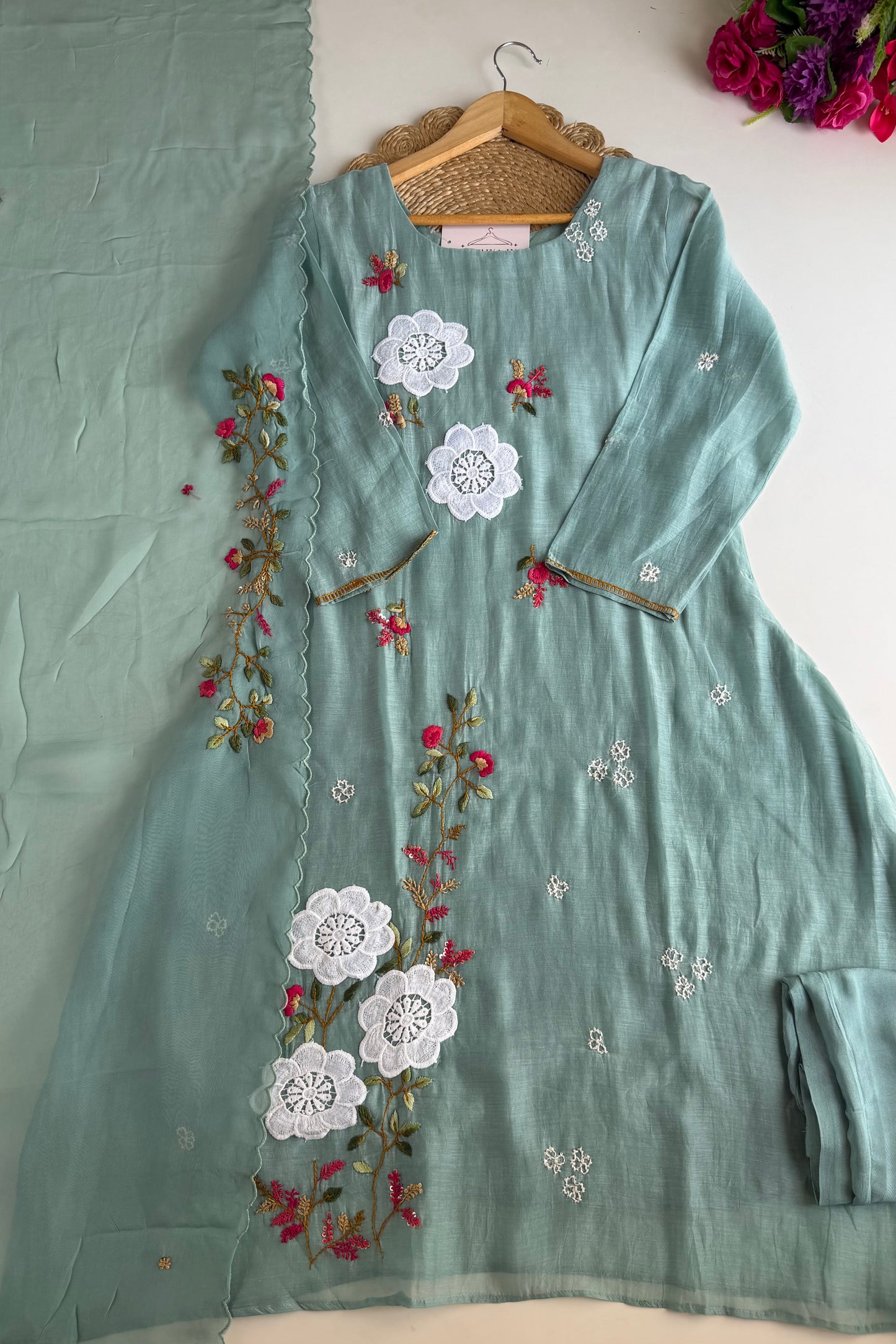 K411 - Mul chanderi appliqué embroidered Aline Kurti with pants and dupatta