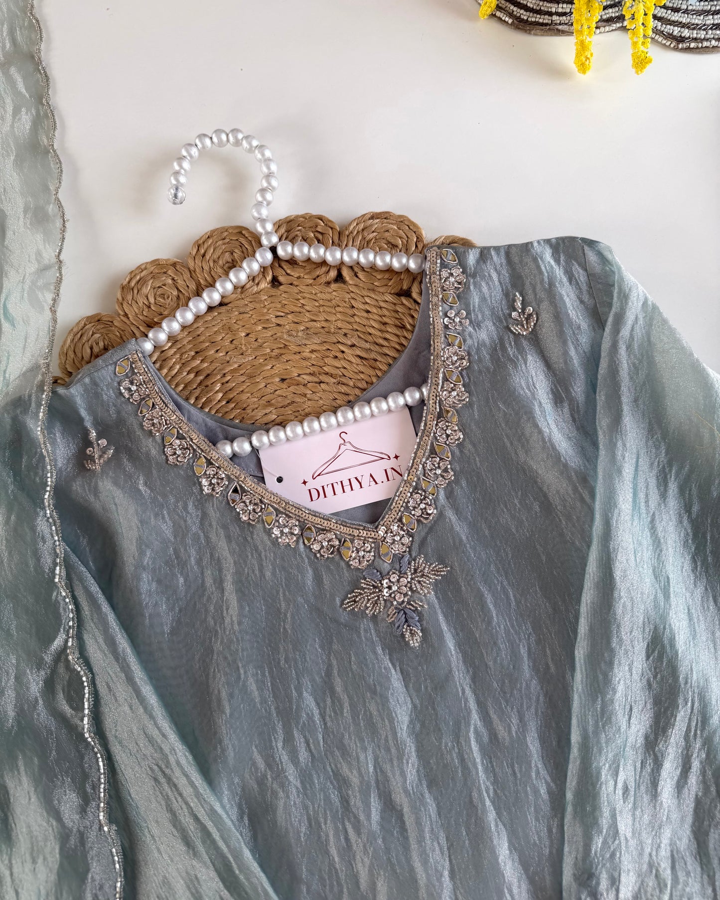 K646 - Glass tissue silk handwork short Kurti with divider pants and dupatta