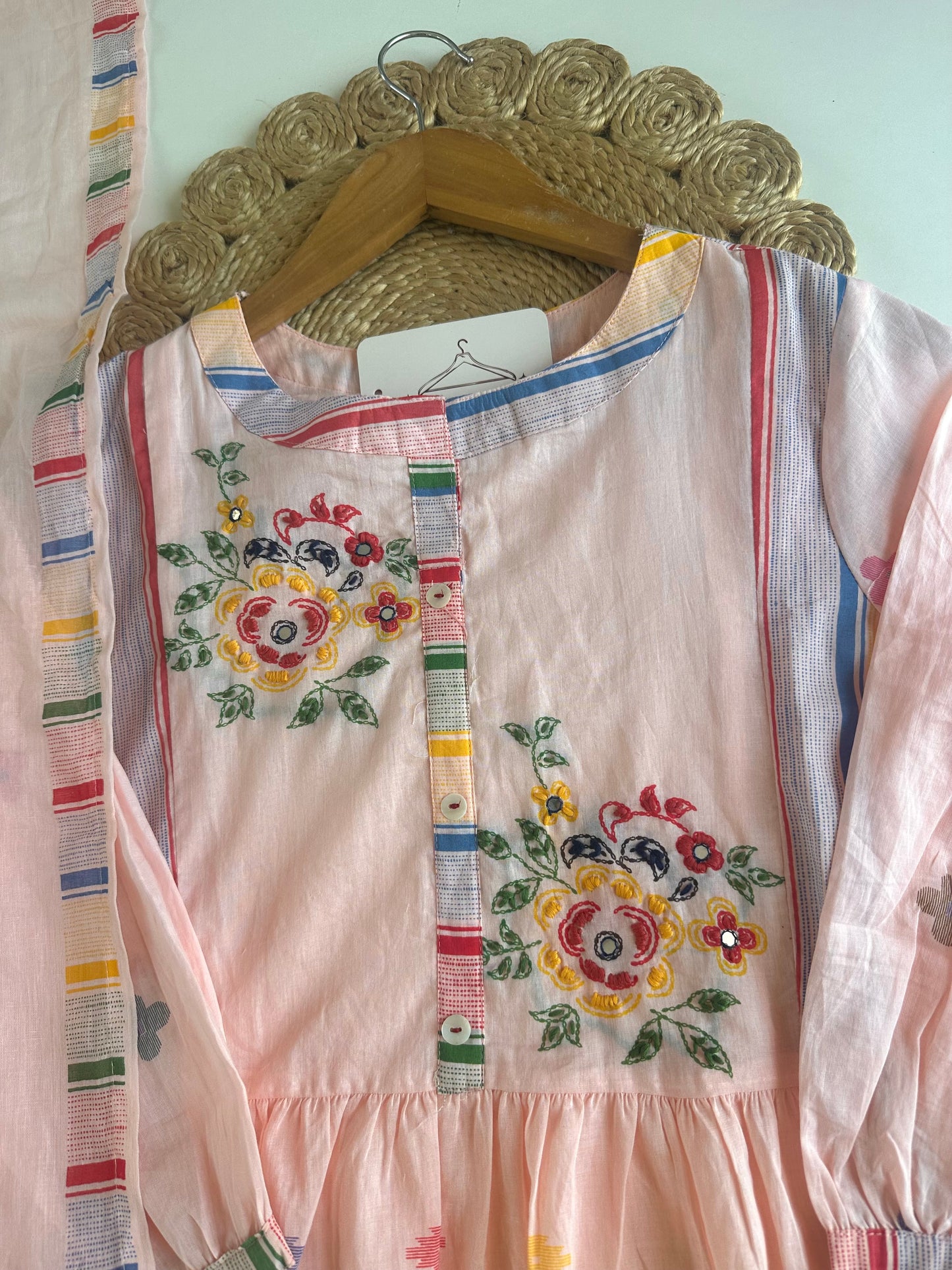 K220 - Mul cotton embroidered Anarkali with pants and dupatta