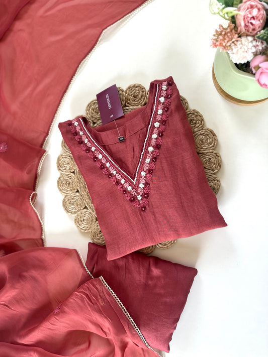 K116 - Mul Chanderi Threadwork Anarkali with pants and dupatta .