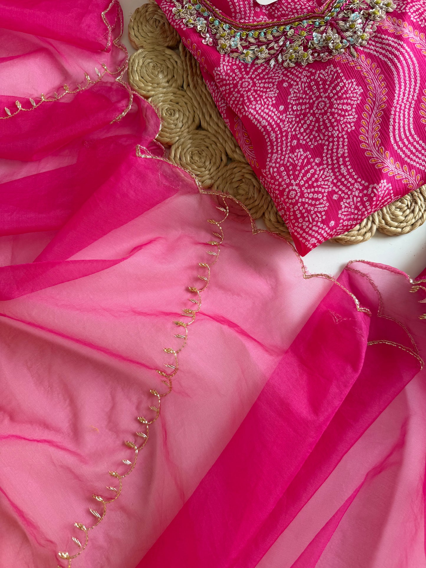 K063 - Pure Chinnon Bandhini handwork aline Kurti with pants and dupatta