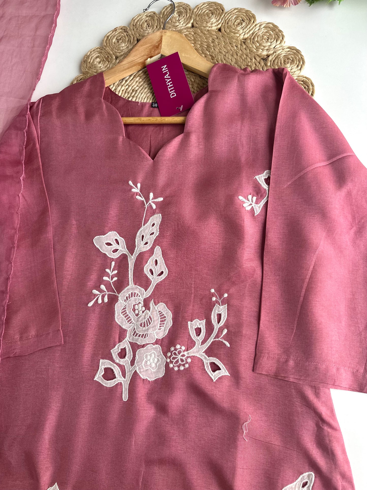 K001 - Russian silk appliqué straight Kurti with pants and dupatta