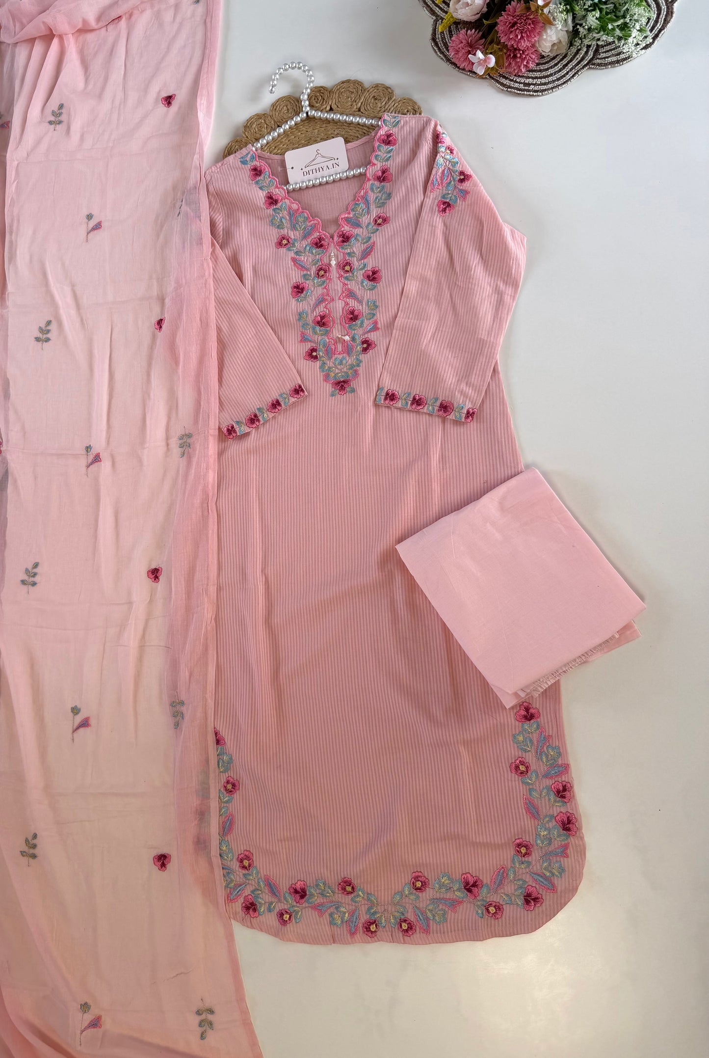 K622 - Mul cotton embroidered straight Kurti with pants and dupatta