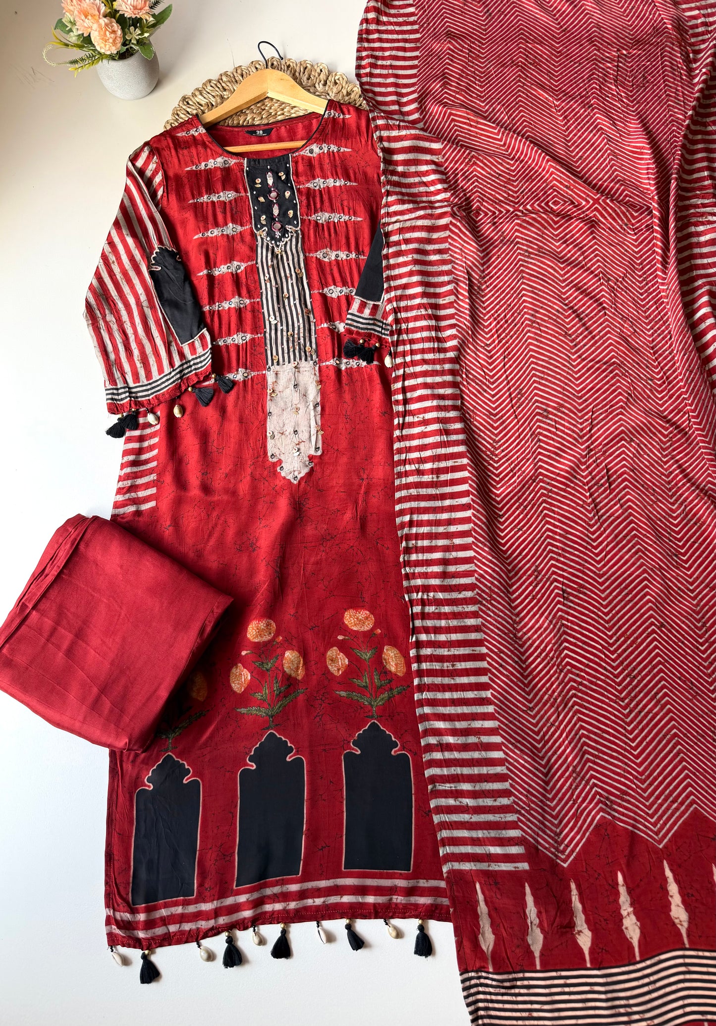 K145 - Pure crape Ajrakh straight Kurti with pants and dupatta