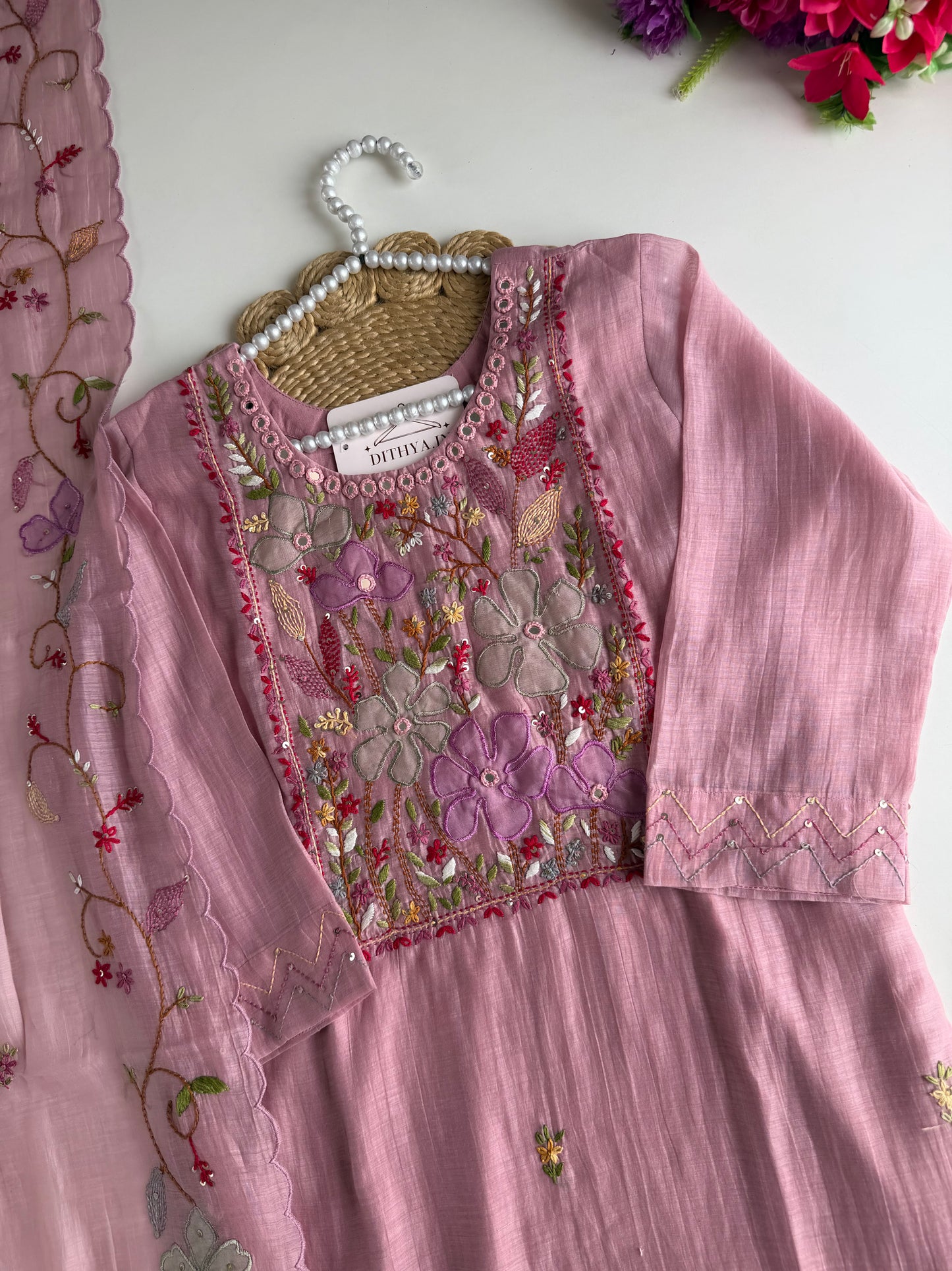 K427 - Mul chanderi embroidered straight Kurti with pants and dupatta
