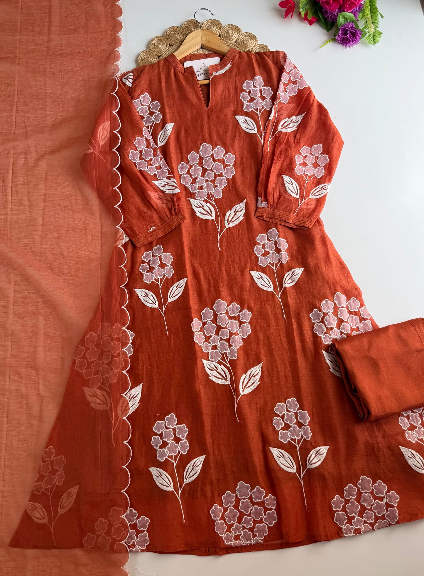 K537 - Mul chanderi appliqué work aline Kurti with pants and dupatta in 2 colours