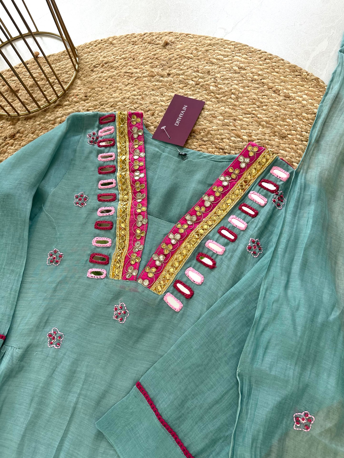 K147 - Mul Chanderi Mix handwork Aline Kurti with pants and dupatta