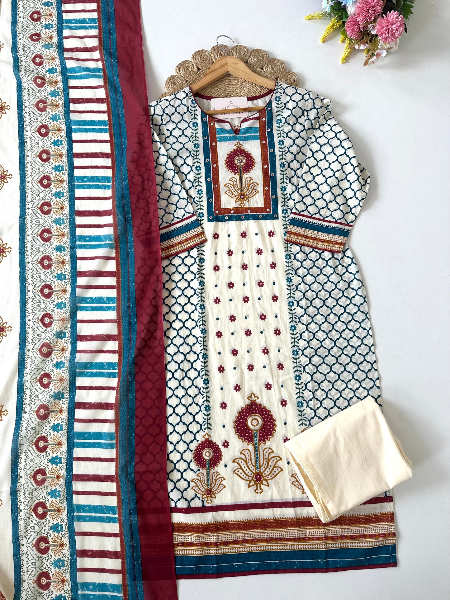 K687 - Mul cotton printed straight Kurti with pants and dupatta