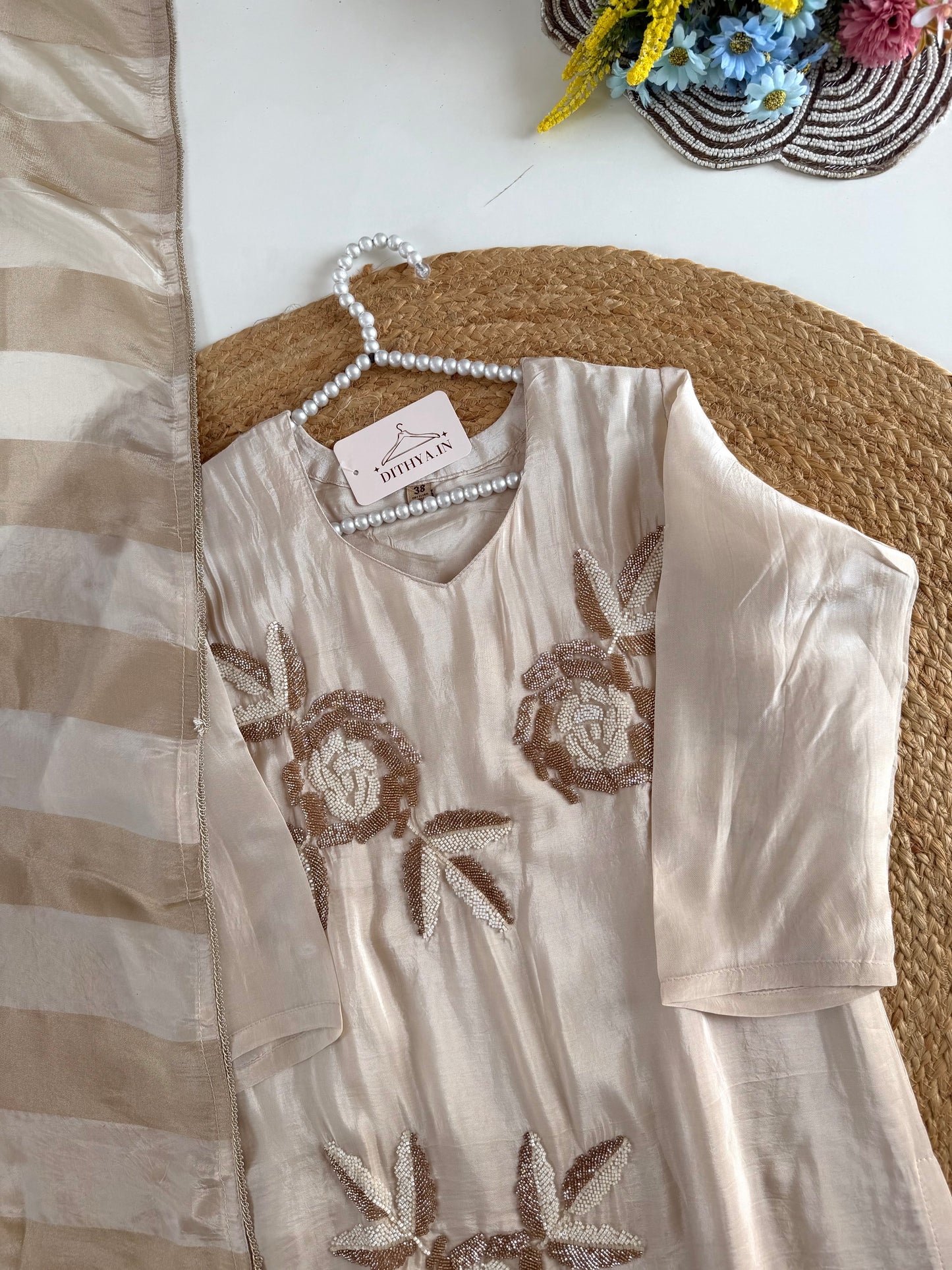 K108 - Pure crape handwork straight Kurti with pants and dupatta