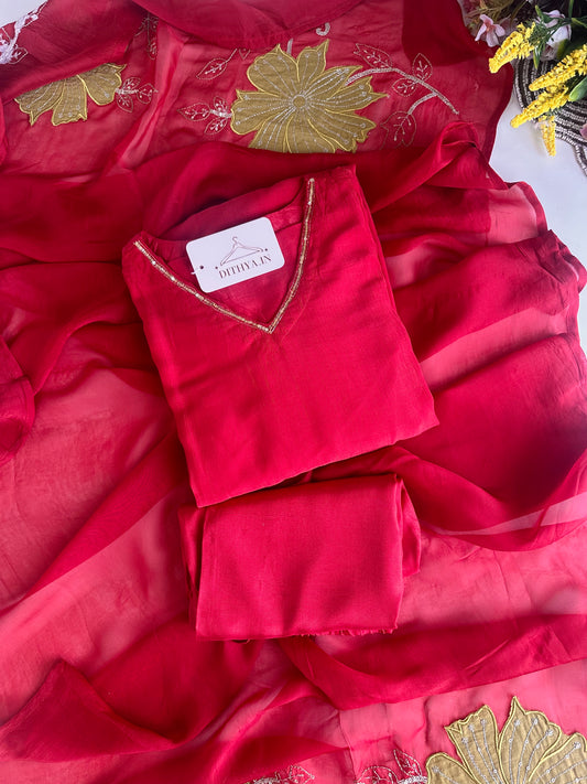 K468 - Crushed Mul Chanderi Appliqué work Anarkali with pants and dupatta in 2 colours