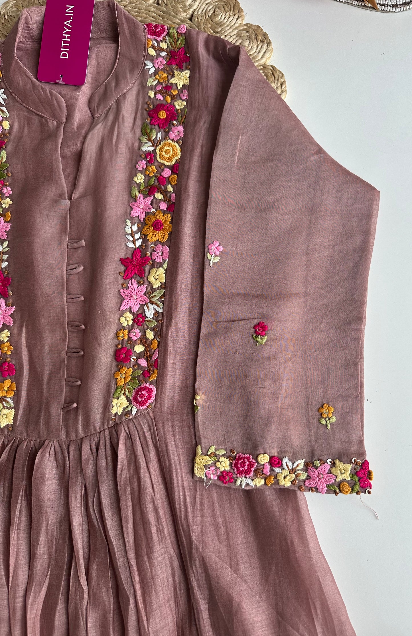 K350 - Mul Chanderi embroidered Aline Kurti with pants and dupatta
