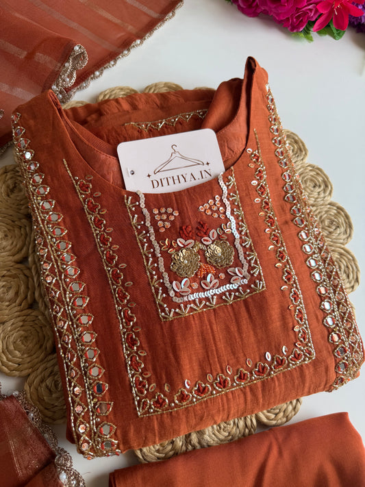 K435 - Mul chanderi handwork Aline Kurti with pants and dupatta