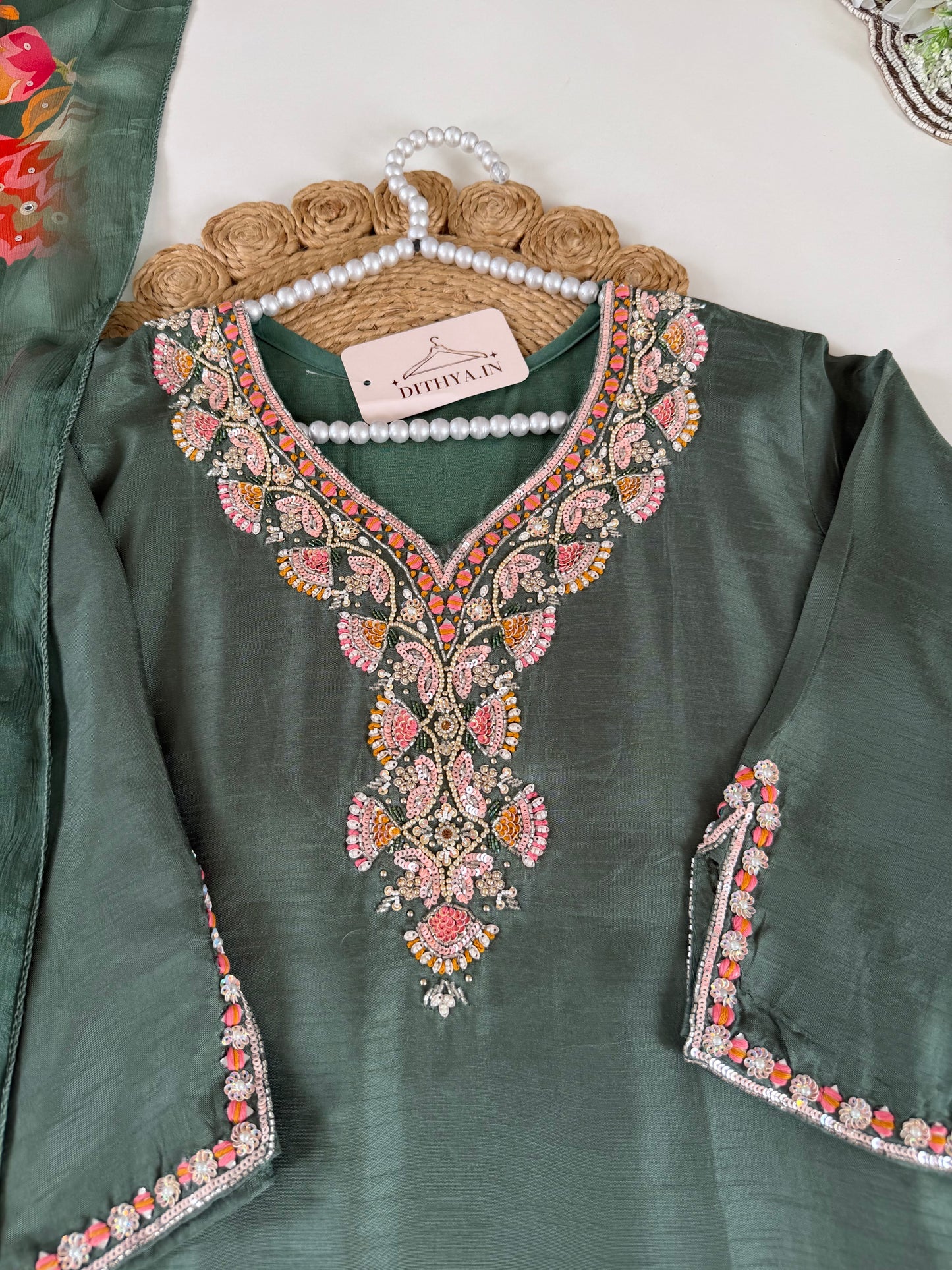 K642 - Dola silk Handwork straight Kurti with pants and dupatta