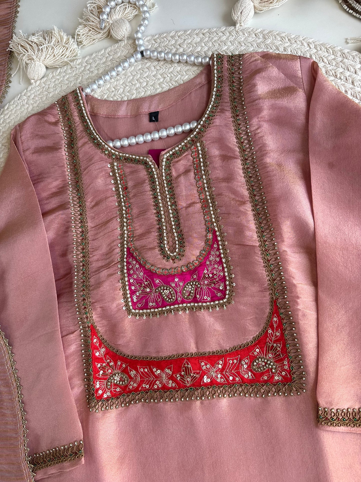 K421 - Tissue silk handwork straight Kurti with pants and dupatta in 2 colours