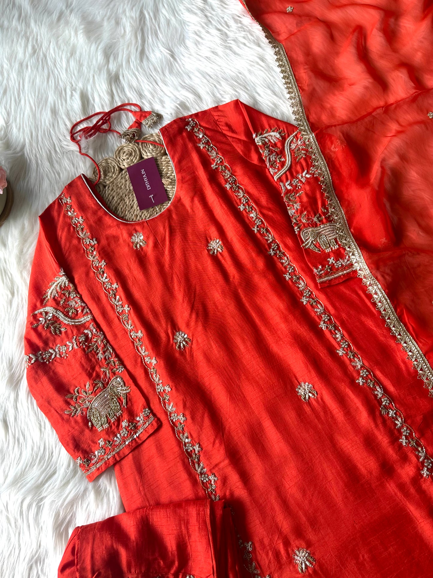 K266 - Russian Silk handwork Straight kurti with pants and dupatta.