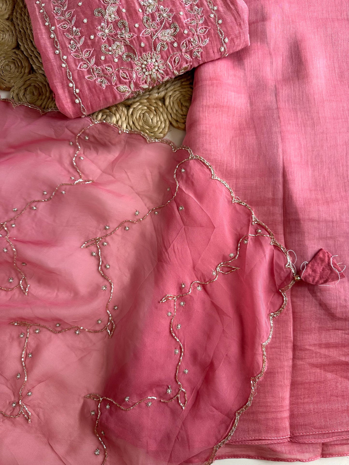 K195 - Mul Chanderi handwork Short Kurti with palazzo and dupatta
