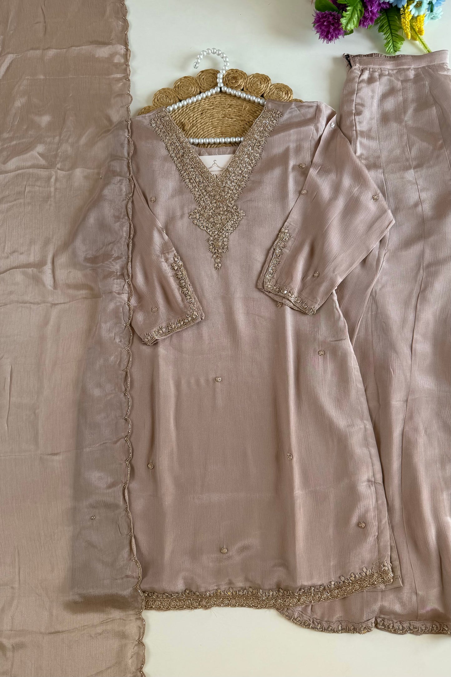 K514-Pure Chinnon handwork short Kurti with divider pants and dupatta