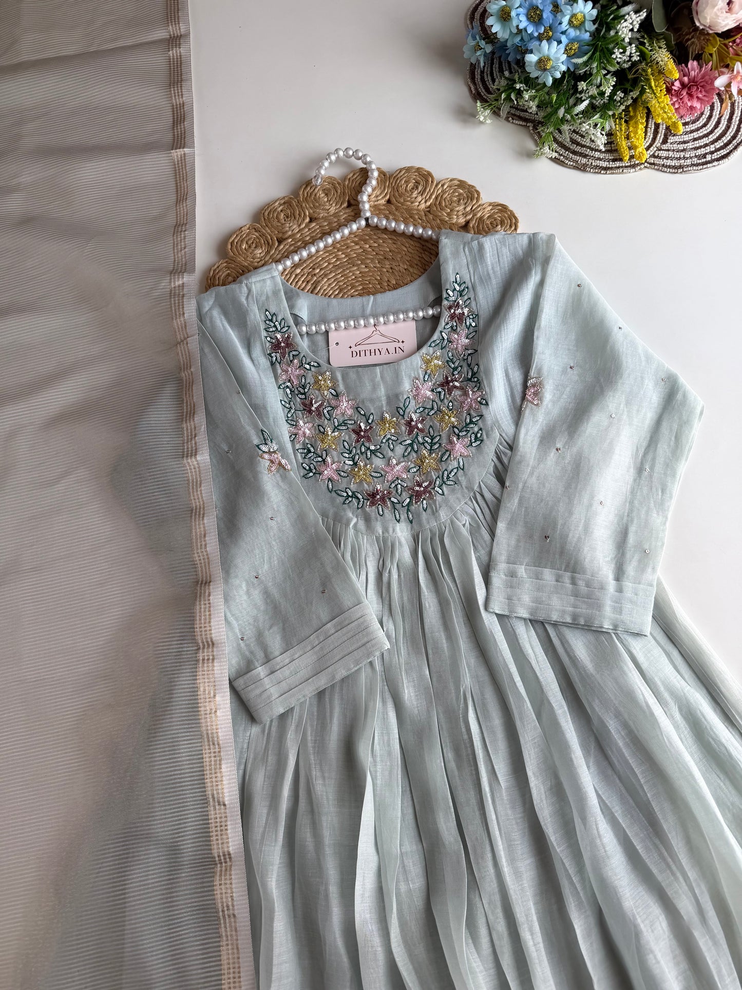 K485 - Mul chanderi handwork Anarkali with pants and dupatta