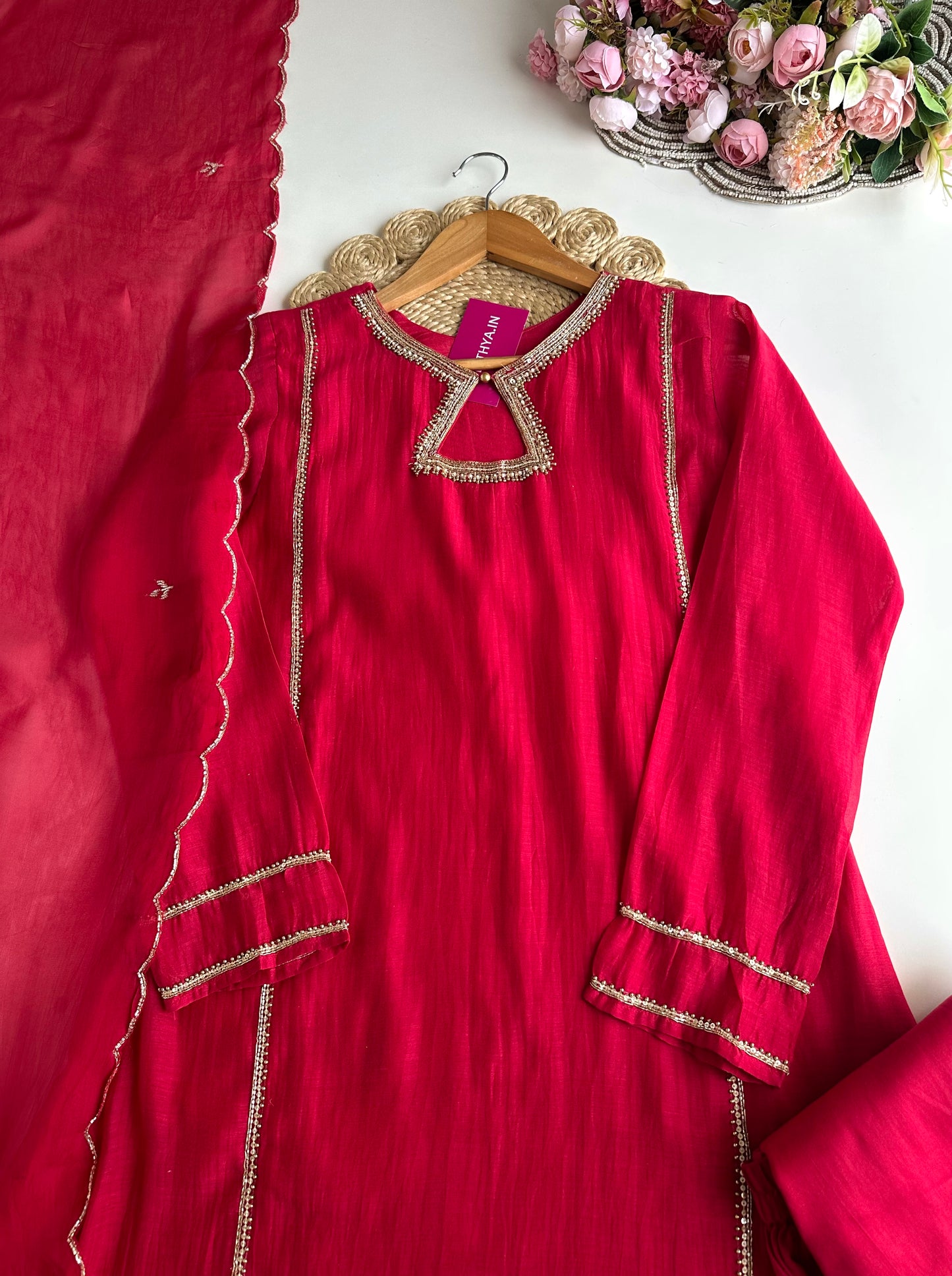 K228 - Mul Chanderi handwork Aline Kurti with pants and dupatta