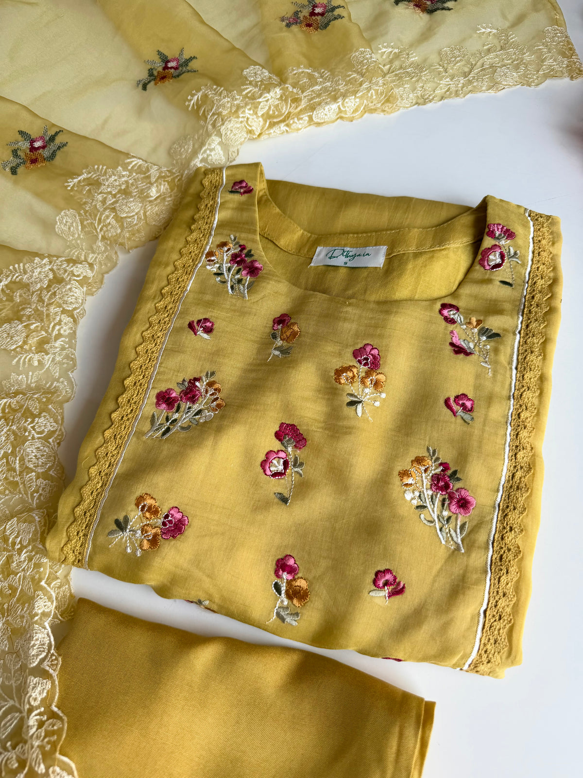 K602 - Mul chanderi embroidered net lace work Aline Kurti with pants and dupatta