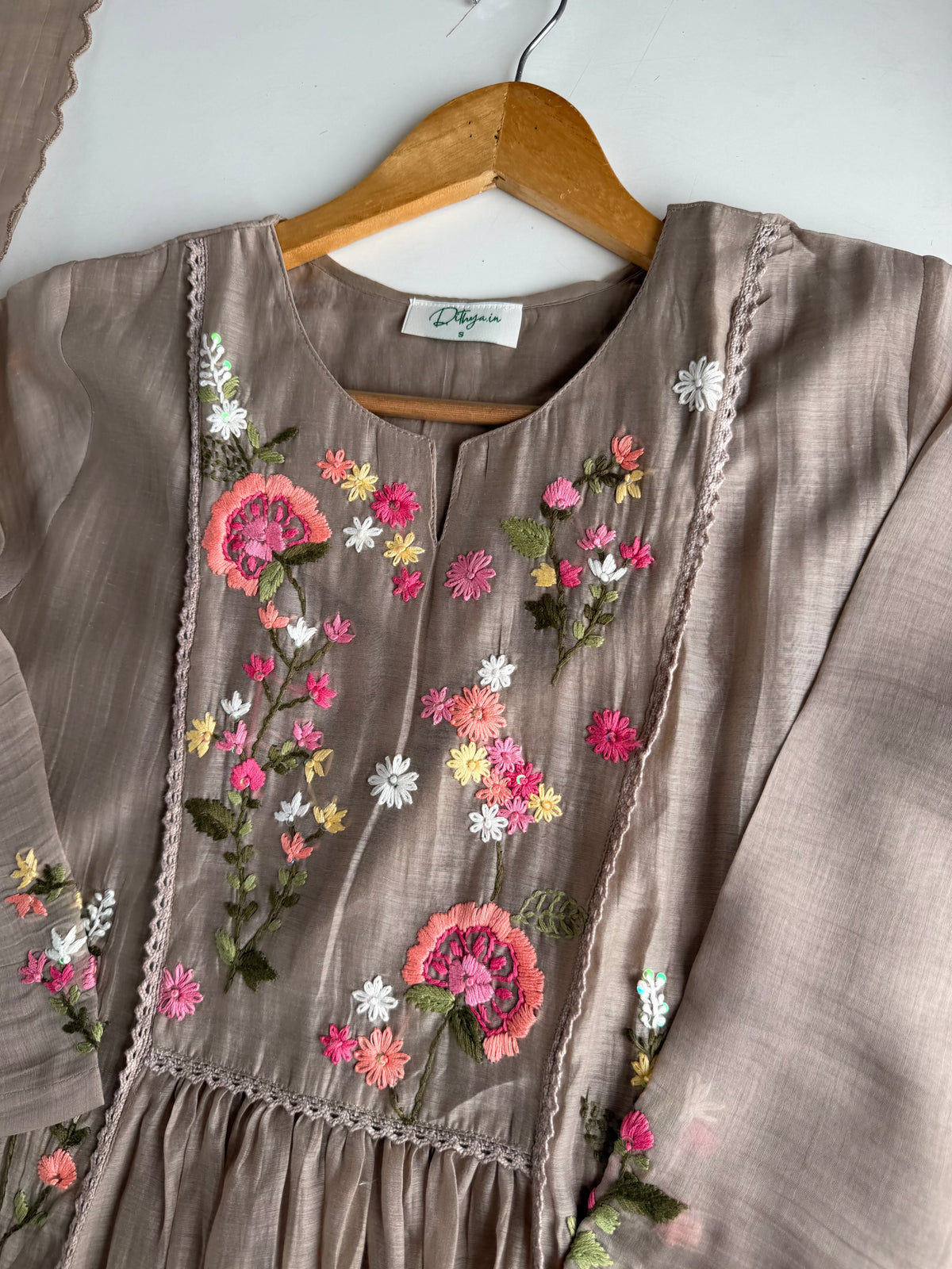 K711 - Mul chanderi embroidered Anarkali with pants and dupatta