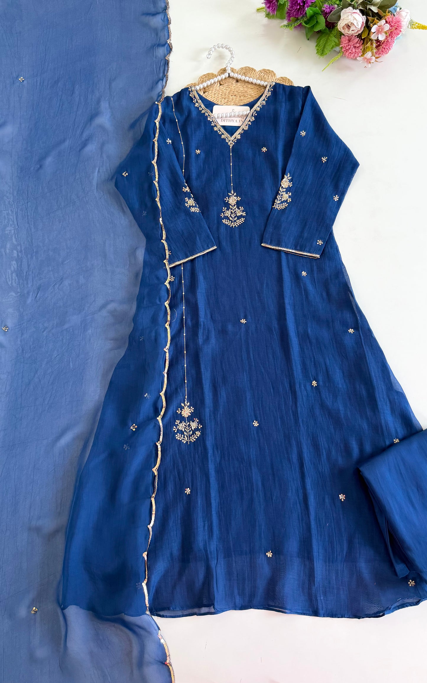 K195 - Mul chanderi handwork aline Kurti with pants and dupatta