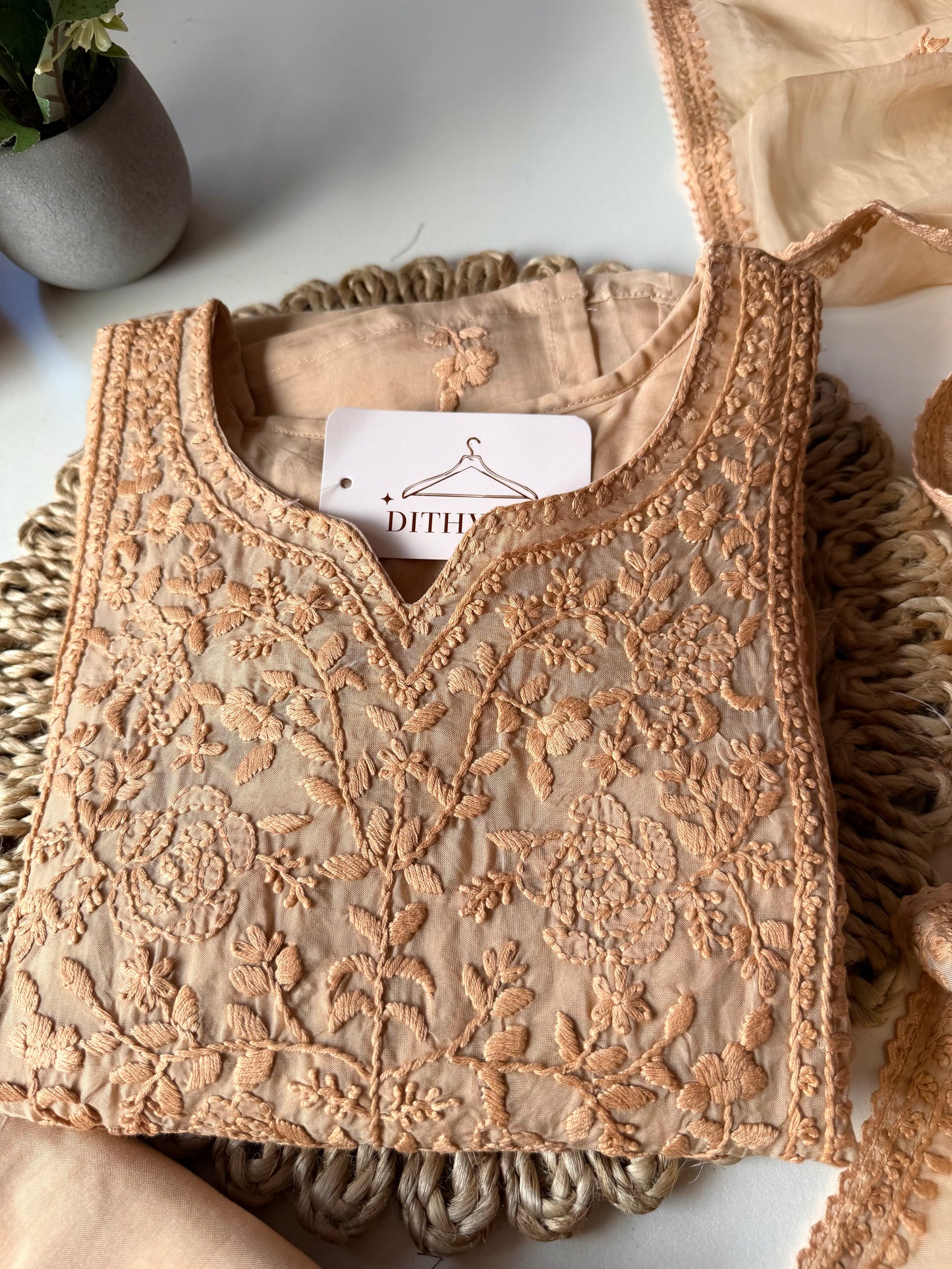 K587 - Viscose organza Chikankari straight Kurti with pants and dupatta