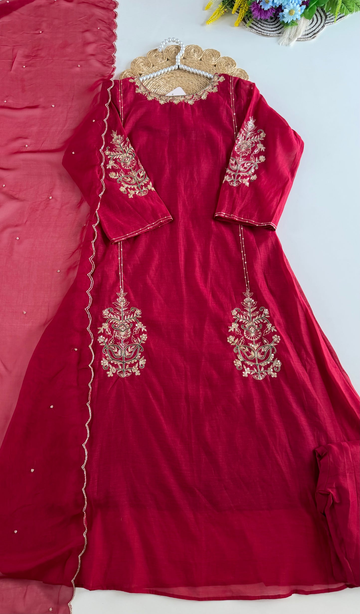 K333 - Mul chanderi handwork aline Kurti with pants and dupatta