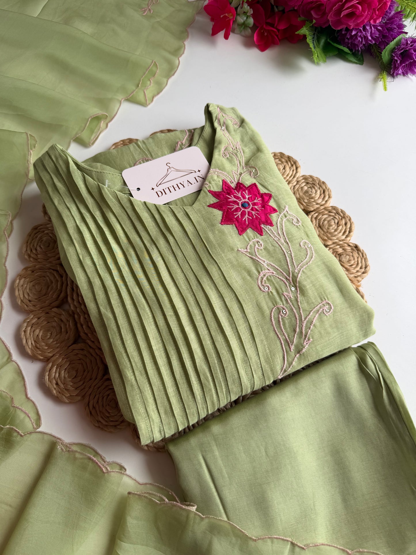 K152 - Mul chanderi appliqué handwork Anarkali with pants and dupatta
