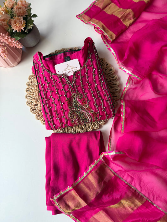 K595 - Mul chanderi ghungroo handwork Anarkali with pants and dupatta