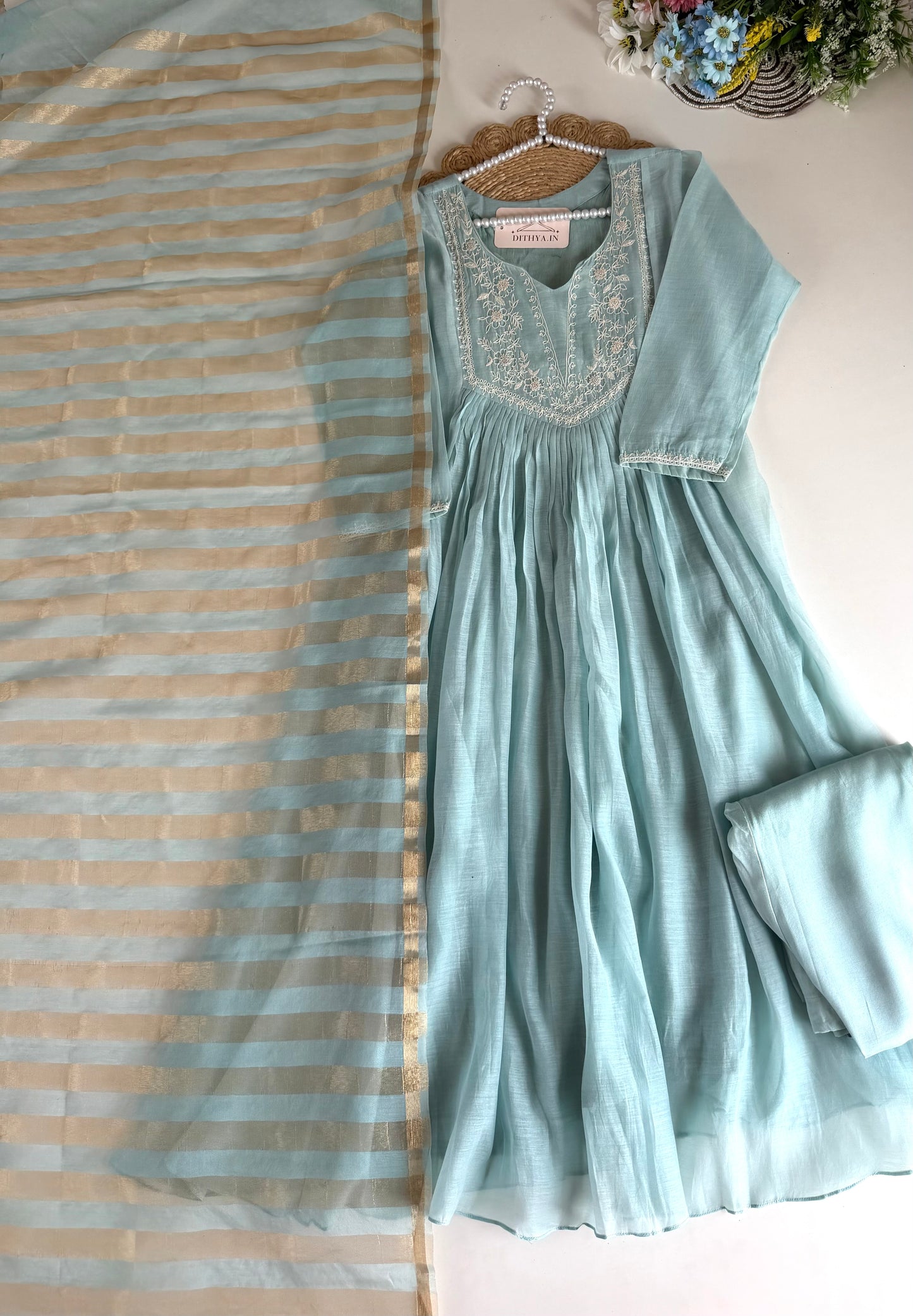 K638 - Mul chanderi embroidered Anarkali with pants and dupatta