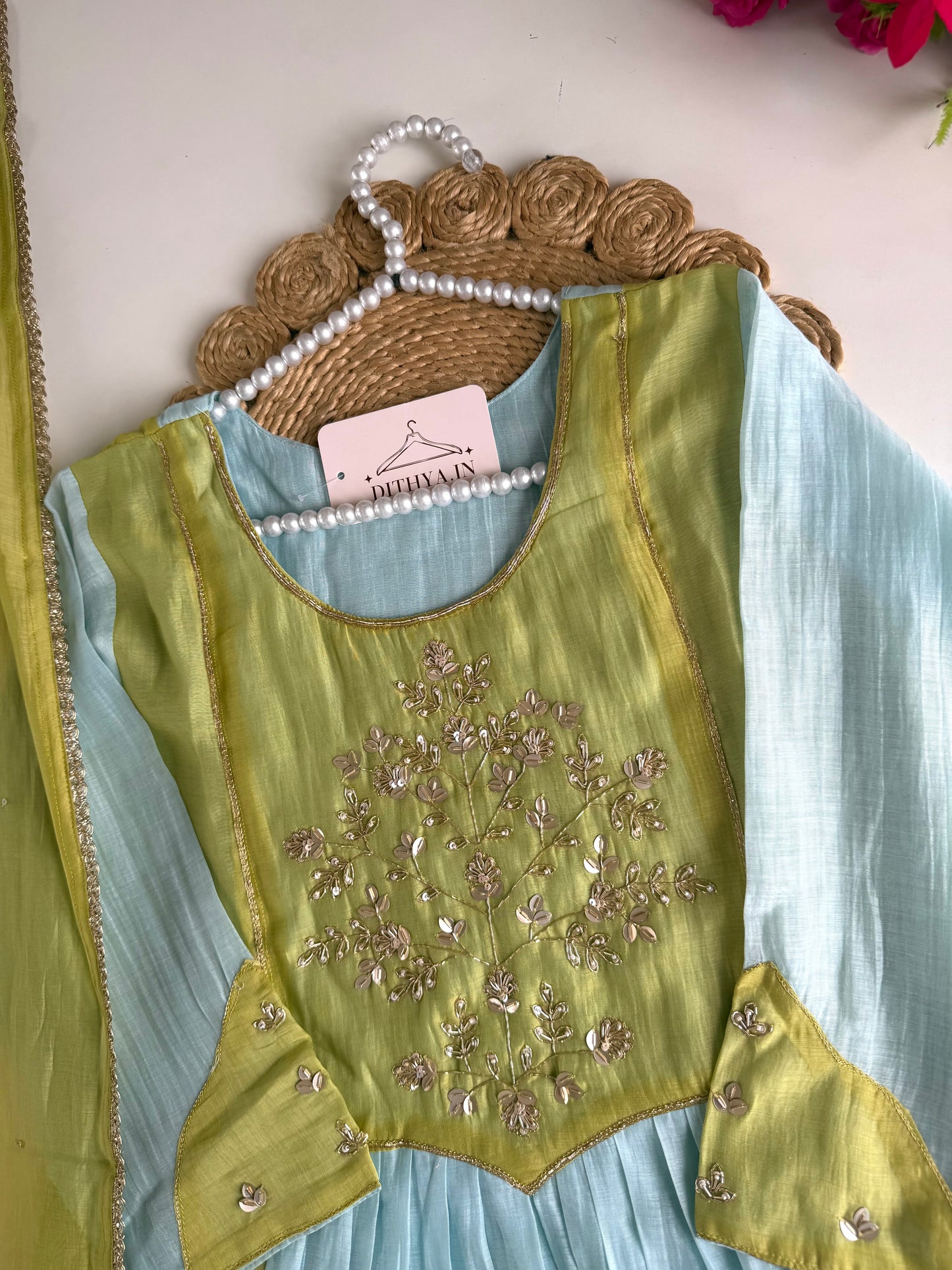 K704 - Mul chanderi handwork Anarkali with pants and dupatta