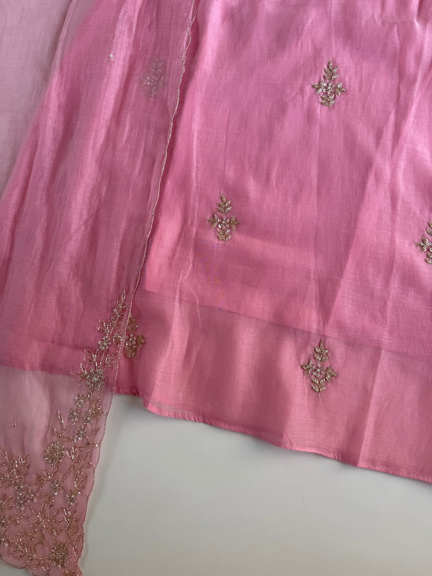 K639 - Mul chanderi handwork aline Kurti with pants and dupatta