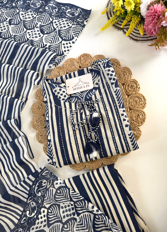 K344 - Pure Mul cotton embroidered straight Kurti with pants and dupatta