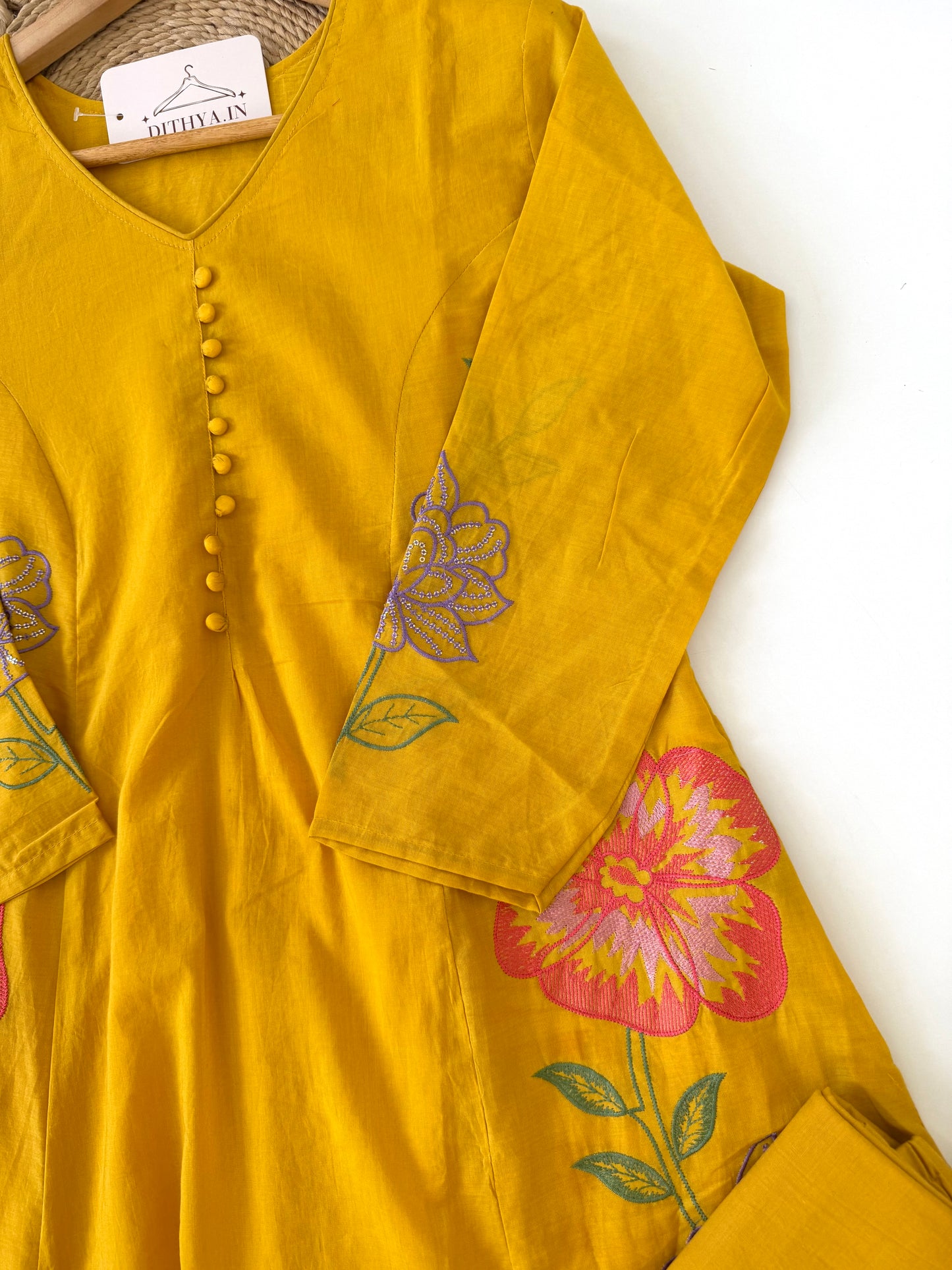 K655 - Mul cotton embroidered Aline Kurti with pants and dupatta