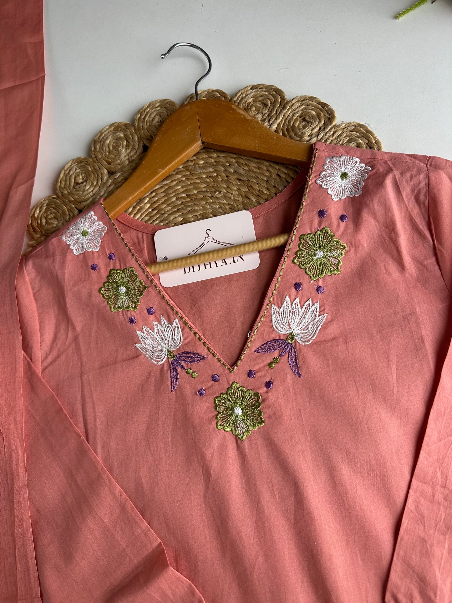 K655 - Mul cotton embroidered straight Kurti with pants and dupatta