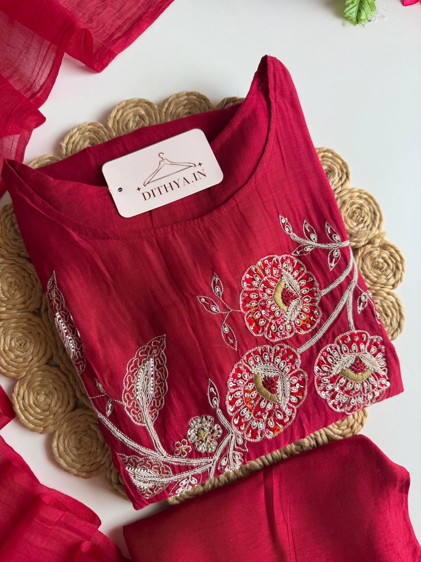 K465 - Mul chanderi handwork Aline Kurti with pants and dupatta